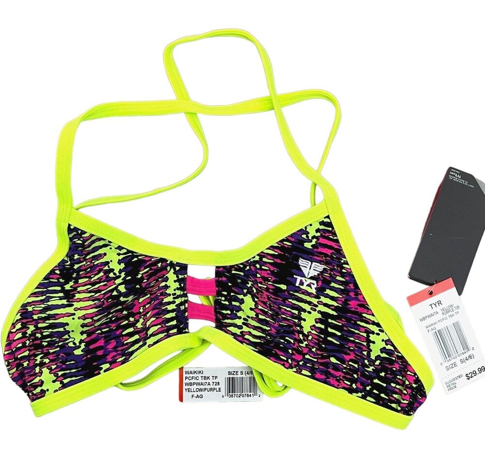 TYR DuraFast Waikiki Pacific Tieback Top Swim Top Yellow Purple - Size Small 4/6